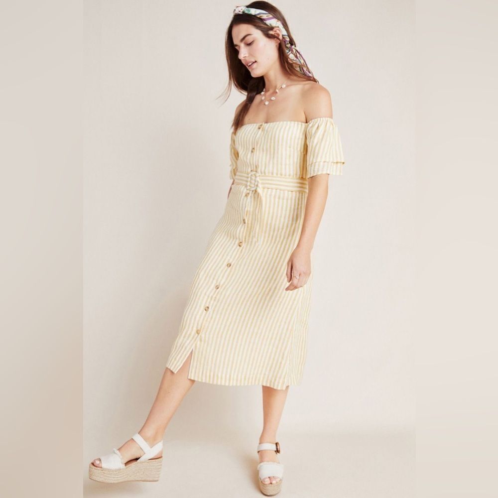 Anthropologie First Monday Linen Off-The-Shoulder Dress | Yellow & White Stripes